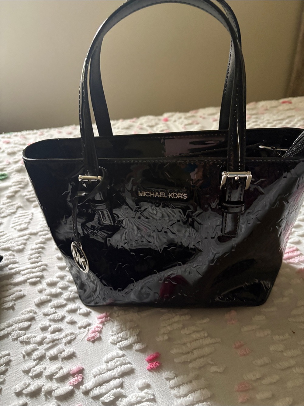 Michael Kors Black Patent Tote with Logo Charm